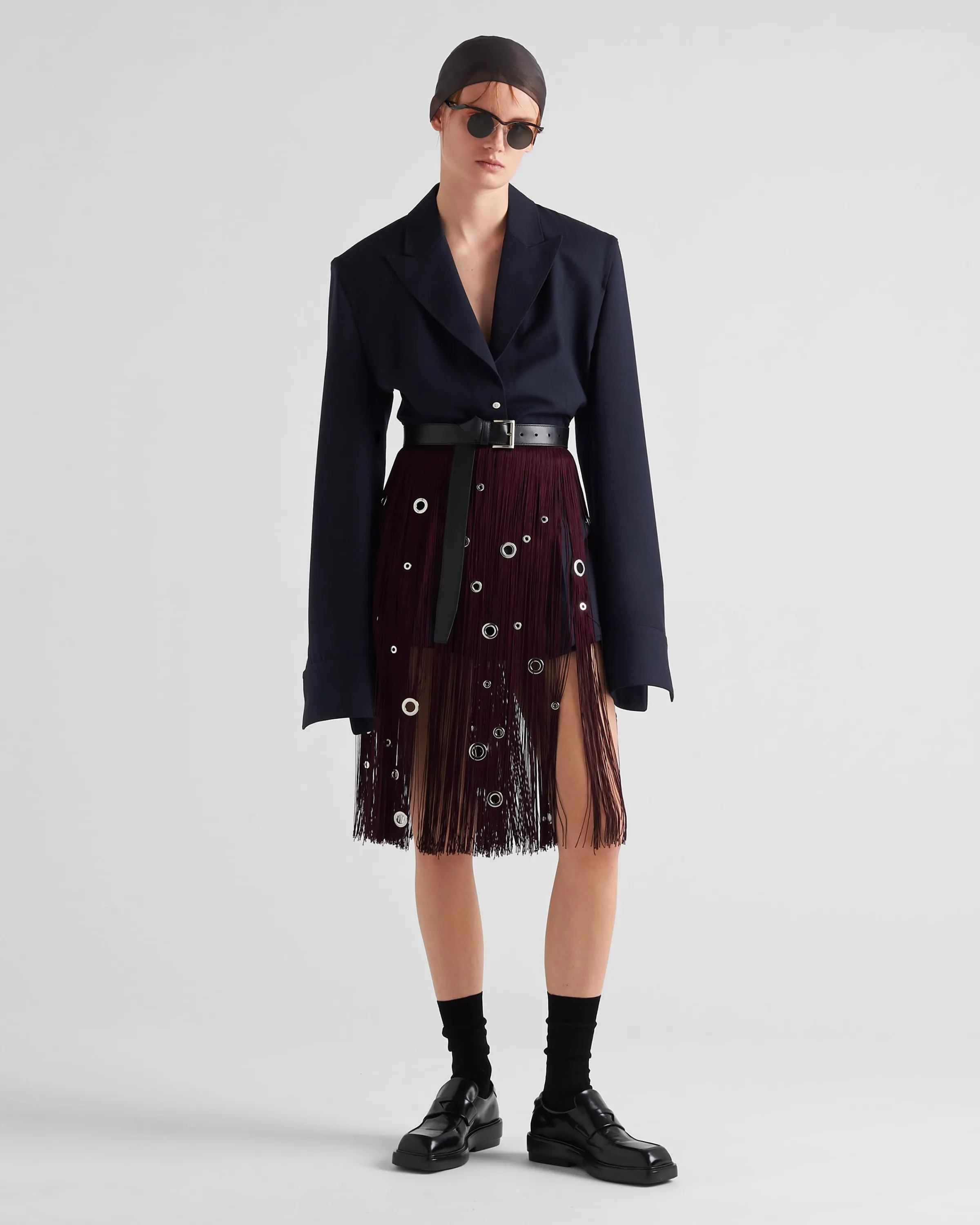 Donna Prada Gonna midi con frange e passavela ricamati