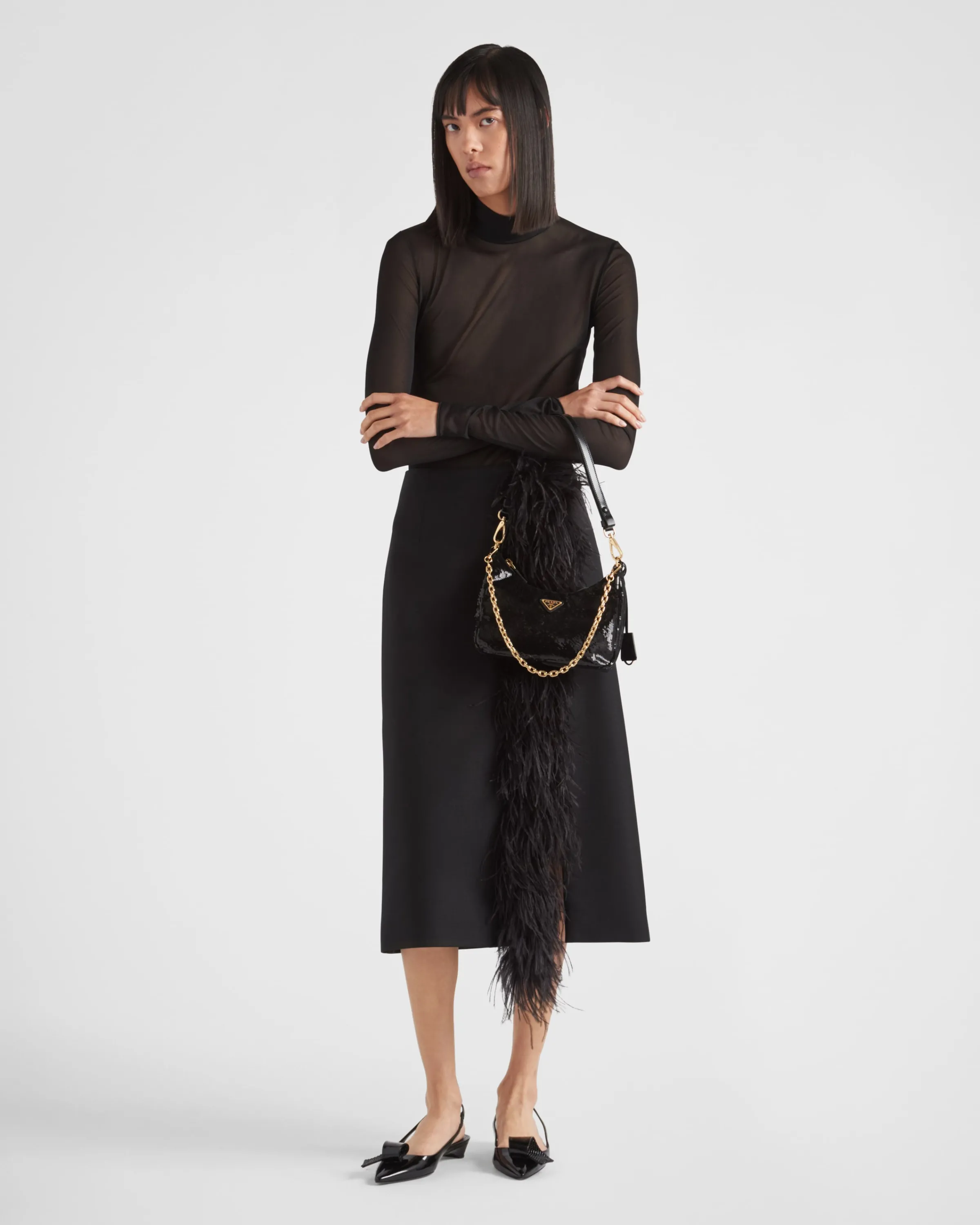 Donna Prada Gonna midi in lana con piume